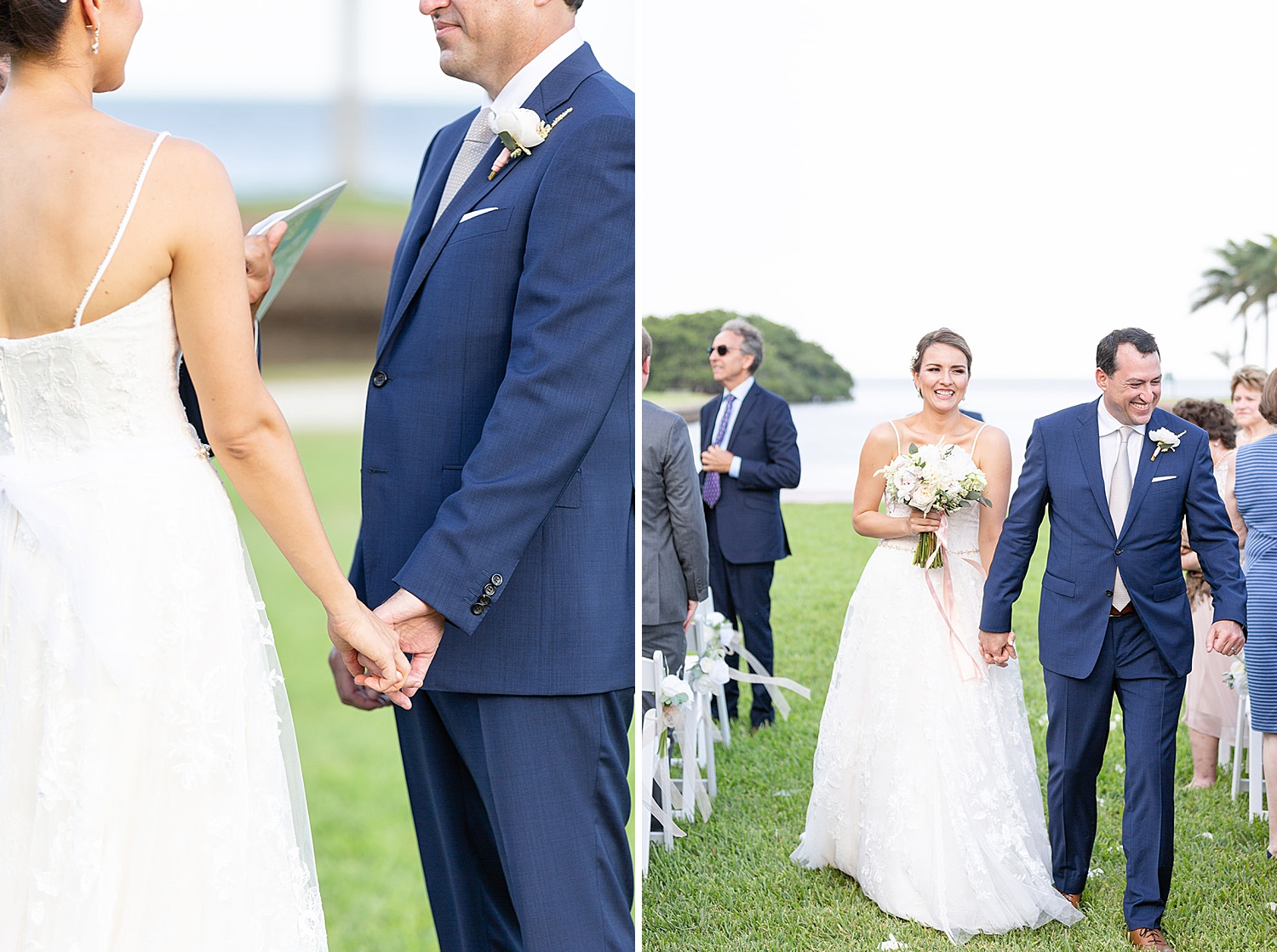 Two photos of an outdoor wedding ceremony to illustrate how many hours of wedding photography you need