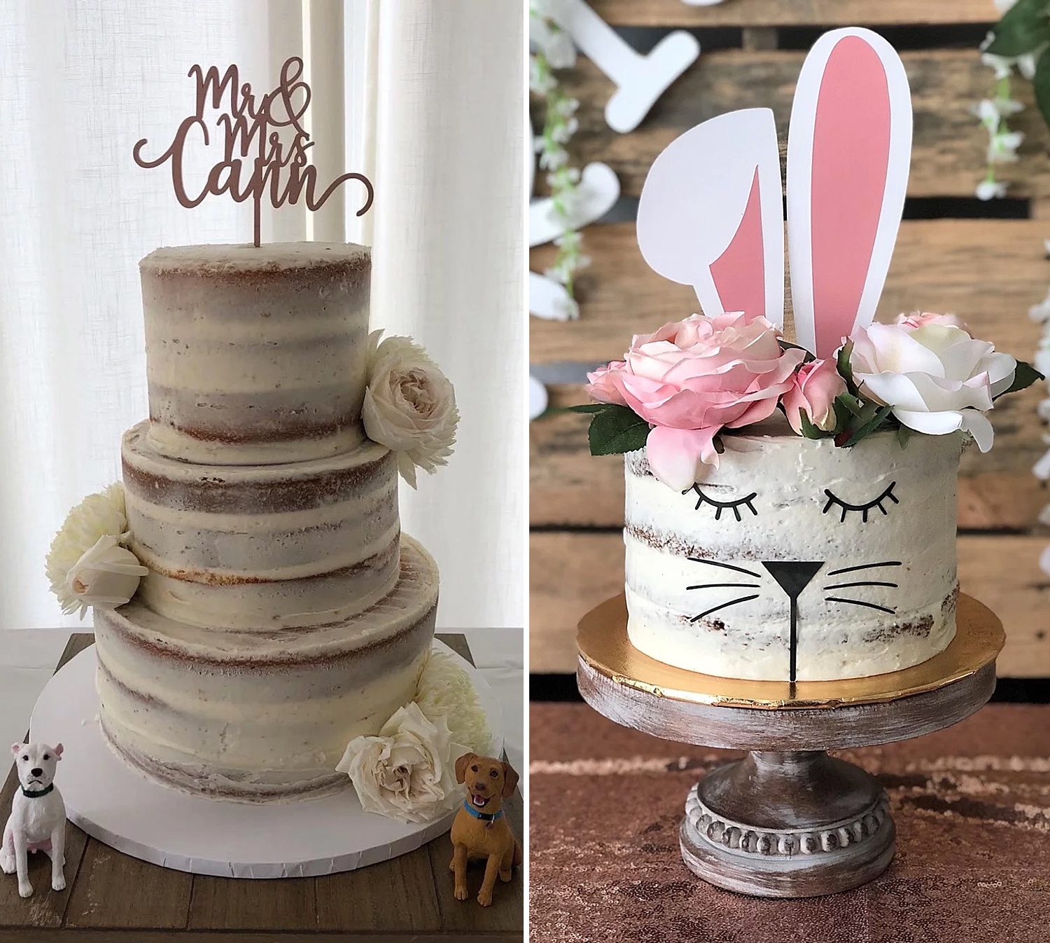 Two images of vanilla buttercream naked cakes by South Florida baker, Christals Creations