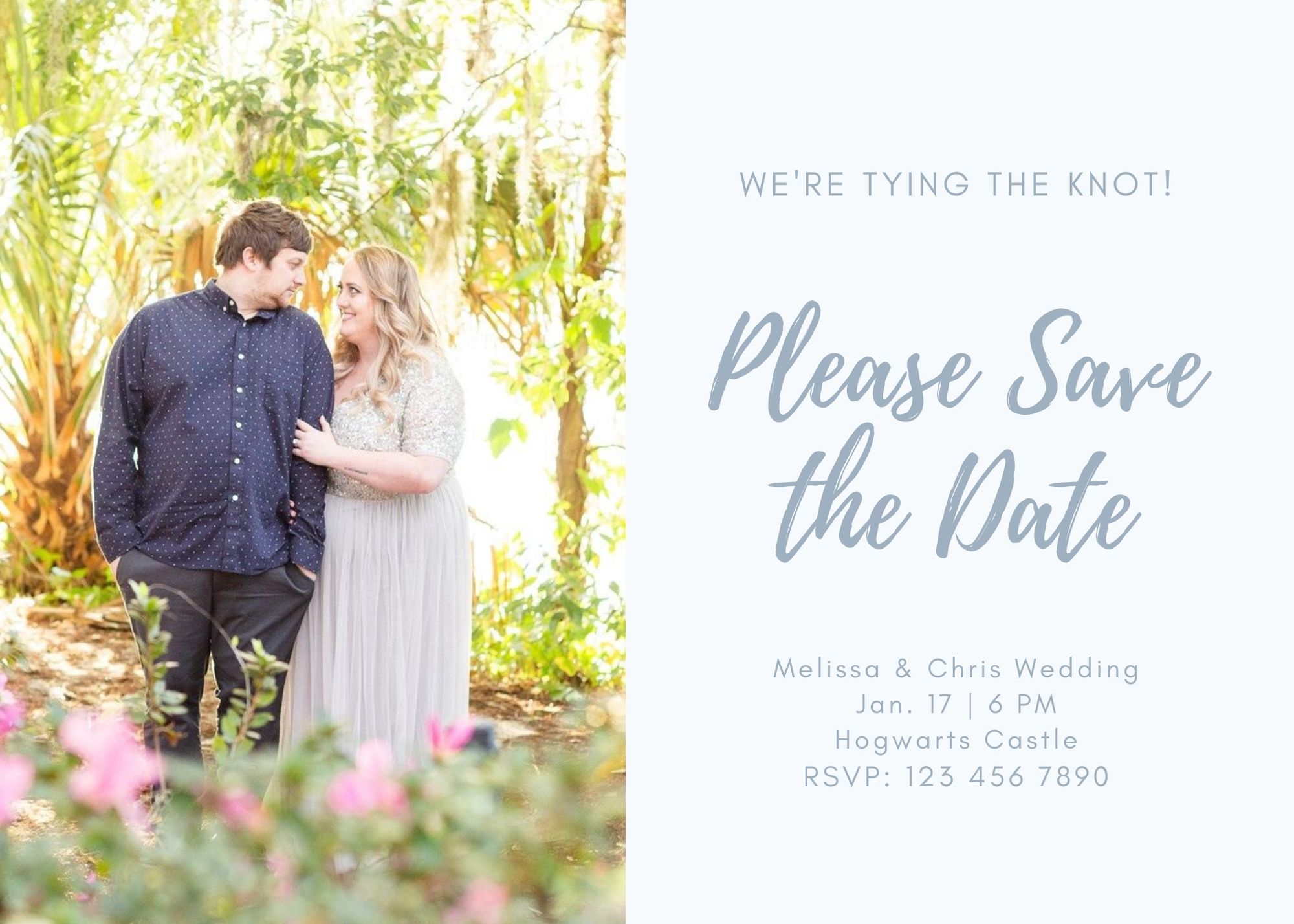 save the dated design with an engagement photo and text that says we're tying the knot, please save the date