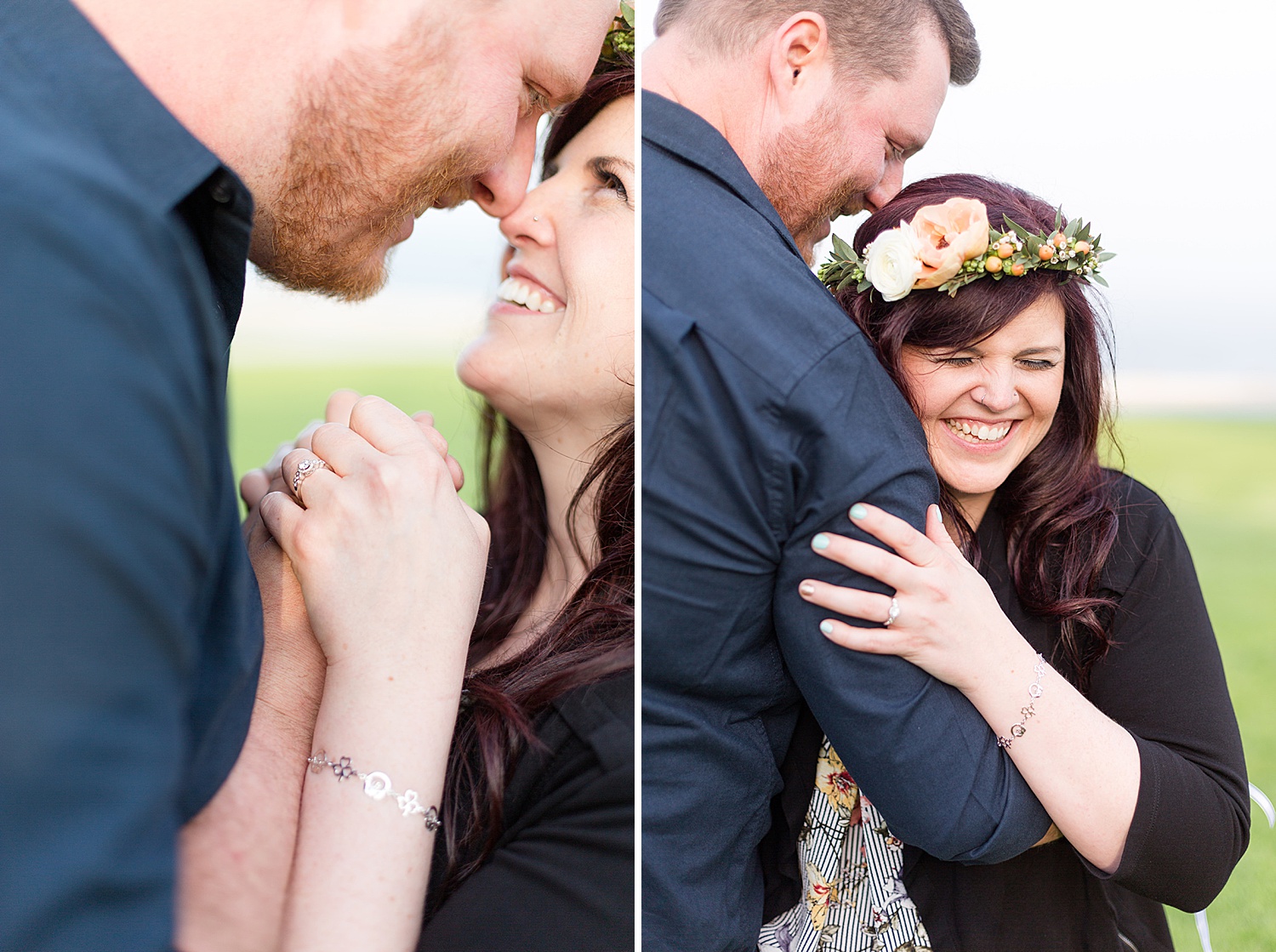 Two-image collage of a couple laughing during their Burlington Ontario engagement photos